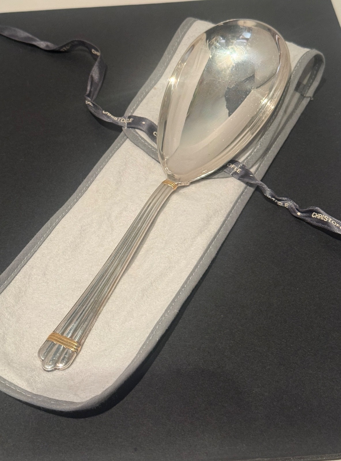 Christofle Aria Gold Rice/Potato Serving Spoon (Silverplate, Gold Ring) 9 3/4"