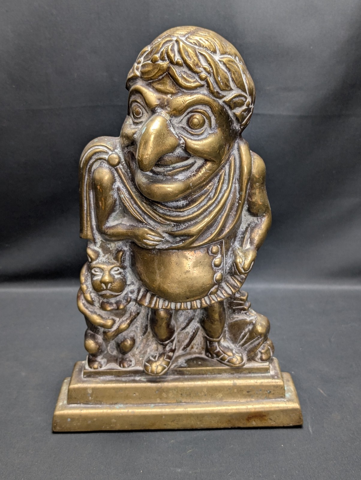 Large Victorian Bronze Mr Punch Roman Emperor Doorstop With Dog