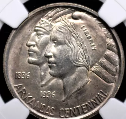 1936 D ARKANSAS COMMEMORATIVE HALF DOLLAR NGC MS64 SILVERY CENTERS FRAMED BY