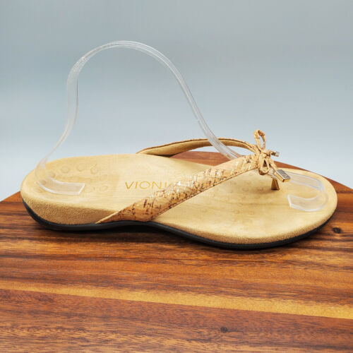 Vionic Bella Sandals Womens 8 Tan Gold Bow Comfort Orthotic Slip On Thong Casual