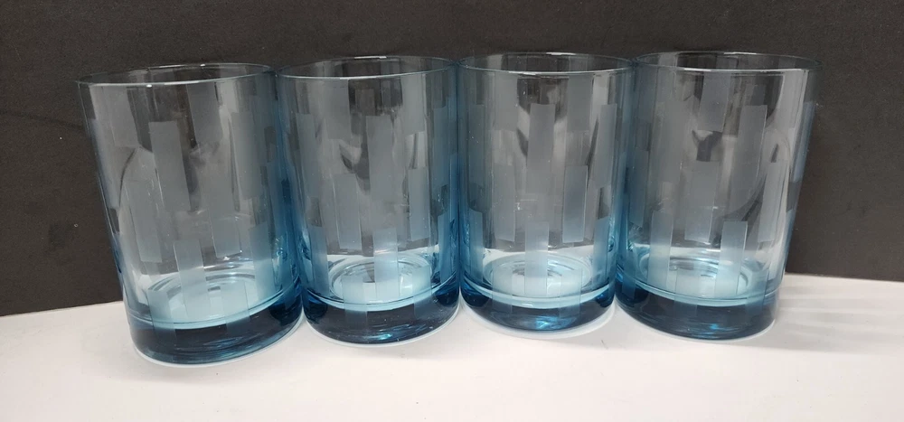 Tumbler Glasses Set Of 4 / 9 oz Checked Etched Blue Frosted MCM