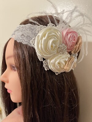 White Pink Ivory Lace Feathers Rosette Ribbon Flower  display picture 3