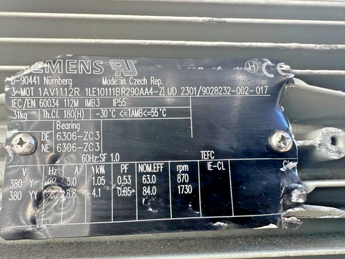 Siemens 1LE10111BR290AA4 1AV1112R 1,05 kW Motore elettrico 5,0 amp 60HZ 380 V - Foto 20 di 20
