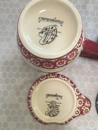 Temp-Tations By Tara Old World 16oz Mug Set Saucer/Spoon Blue/Red Hand Painted - Picture 10 of 13
