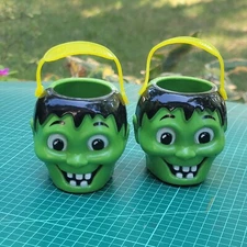 2 Vtg Halloween Frankenstein Mini Pail Blow Mold Treat Buckets by Sun Hill
