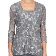 Alex Evenings embroidered sequined jacket and tank top set steel stretch mesh