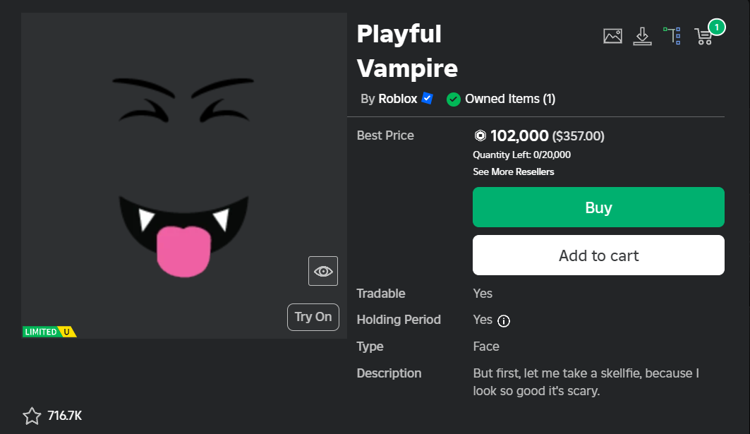 [LIMITED]PLAYFUL VAMPIRE-ROBLOX-(Best Prices|Fast Delivery|Clean Item|Buy Now)
