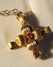 Antique 12K GF Fluted Starburst Pendant Necklace Amethyst Victorian Revival