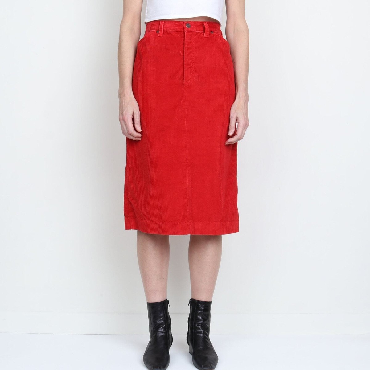 Vintage 1980s Cathy Hardwick Red Cotton Corduroy High Waist Midi Skirt S