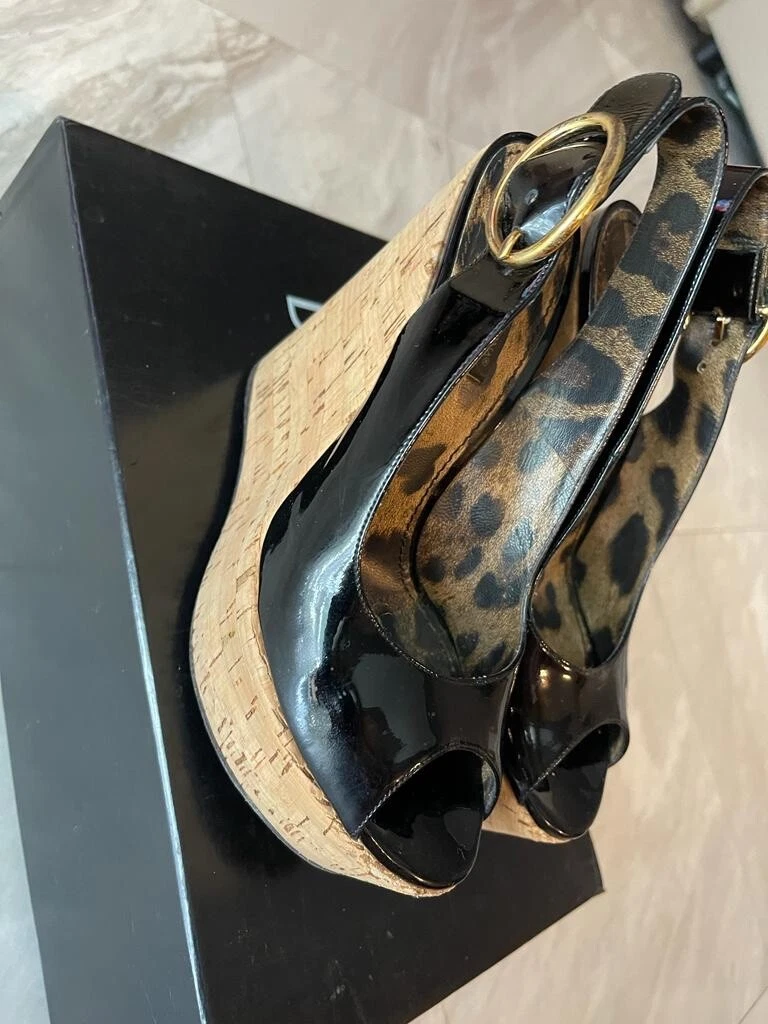 Dolce Gabbana — Dolce & Gabbana Black Patent Leather Cork Wedge Platform Slingback Sandals Sz 37