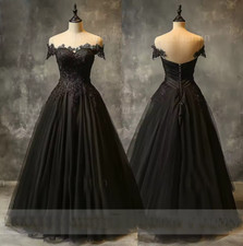 Classic Black Full Length Lace-up Back Wedding Dresses A Line Bridal Gowns