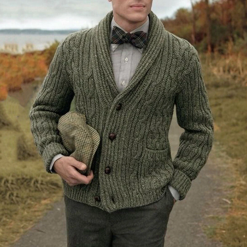 Mens Knitted Sweater Casual Lapel Cardigan Coat Loose Button Long Sleeves  Winter