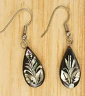 Vintage Costume Jewelry Abalone Inlay Wood Teardrop Dangle Pierced Earrings