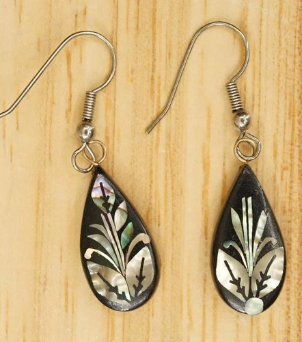 Vintage Costume Jewelry Abalone Inlay Wood Teardrop Dangle Pierced Earrings