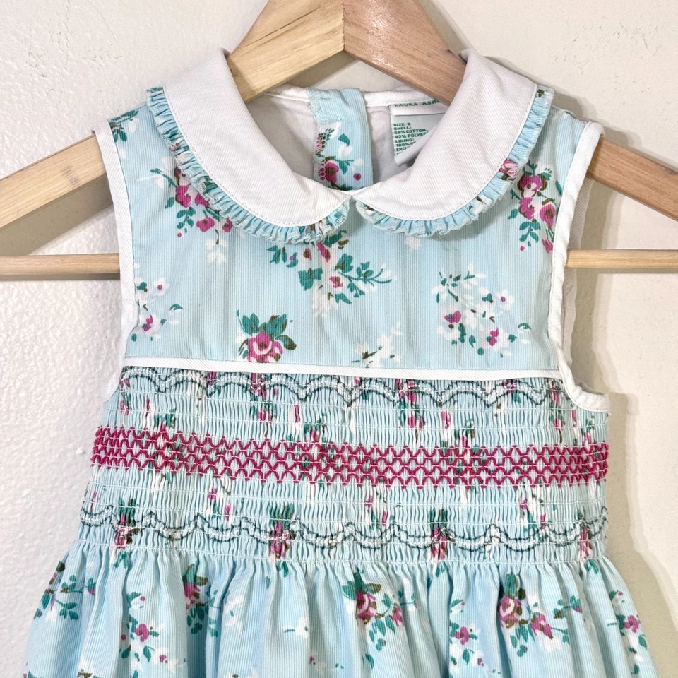 Laura Ashley Girls Sz6 Floral Corduroy Sleeveless Dress Smocked Peter Pan Collar - Image 2 of 4