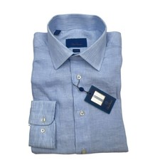 David Donahue Shirt Mens 16 34/35 Sky Blue Solid Linen Slim Dress Long Sleeve