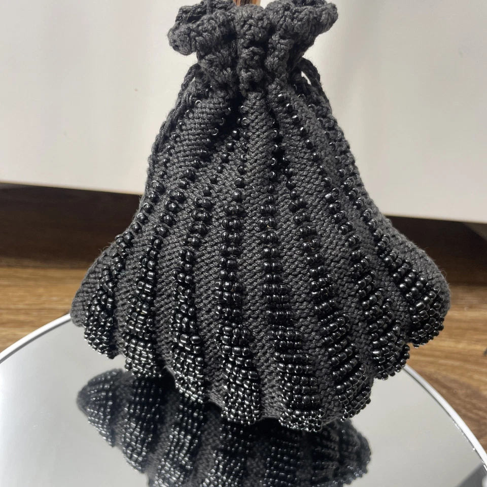 Vintage 1900s Beaded Black Knit Swag Beaded Purse Metal Drawstring - Image 2 of 4