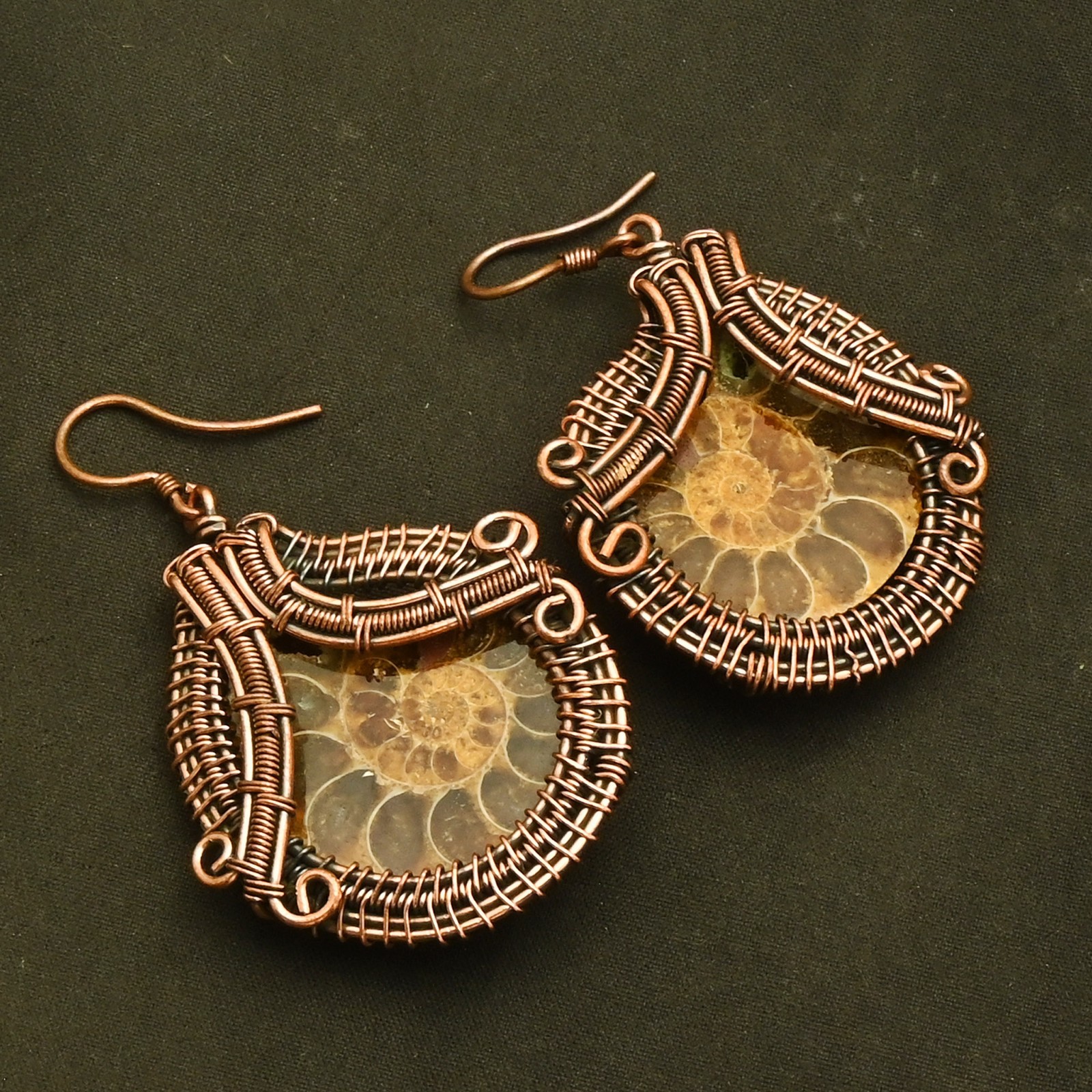 Ammonite Fossil Gemstone Drop Dangle Copper Wire Earrings Jewelry 2.08