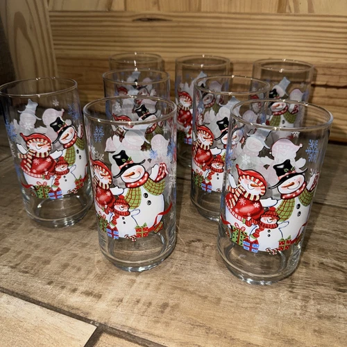 8 LIBBEY Christmas Snowmen SNOWMAN Tumblers Glasses Presents & Snowflakes