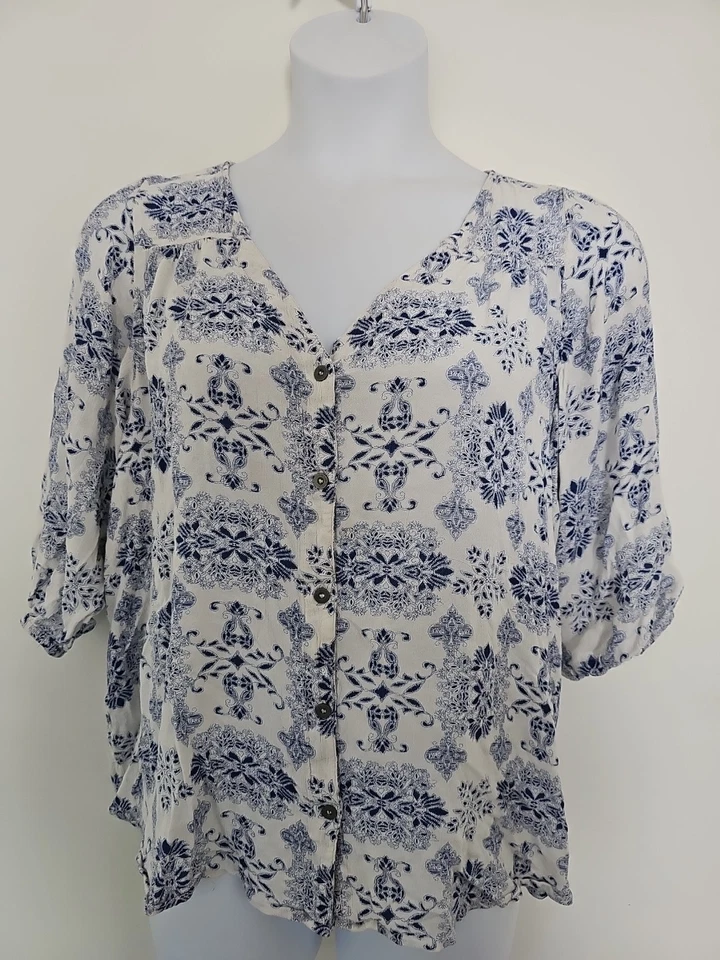 Blusa Vintage America Azul Botón Frontal Talla XL 3/4 Slv Azul Floral Foto 2 de 4