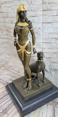 Egypt Nude Queen Cleopatra And Big Cat Bronze Art Deco by Lost Wax Method Statue