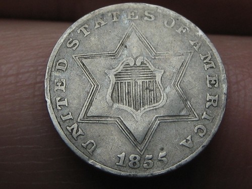 1855 Three 3 Cent Silver 3CS, RPD, Repunched Date, Fine/VF Details