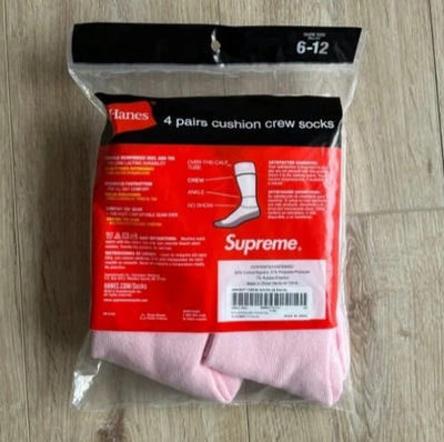 🧦 Supreme x Hanes Pink Crew Socks 4 Pack Size 6-12 Streetwear
