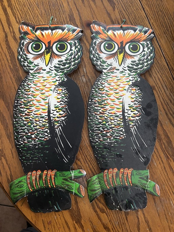 2 Vtg Beistle Halloween Embossed Die Cut Ornament Owl on a Branch Two Open Eyes