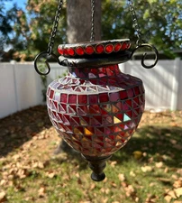 Vintage Pier 1 Imports Hanging Mosaic Glass Lantern Red Candle Tea Light