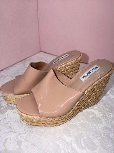 Steve Madden Loxley wedge sandals in nude patent leather.