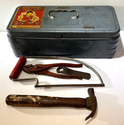 Vtg TOOL CRAFT Porter Kids Play Toy Metal TOOL BOX Real Hacksaw Hammer Climax