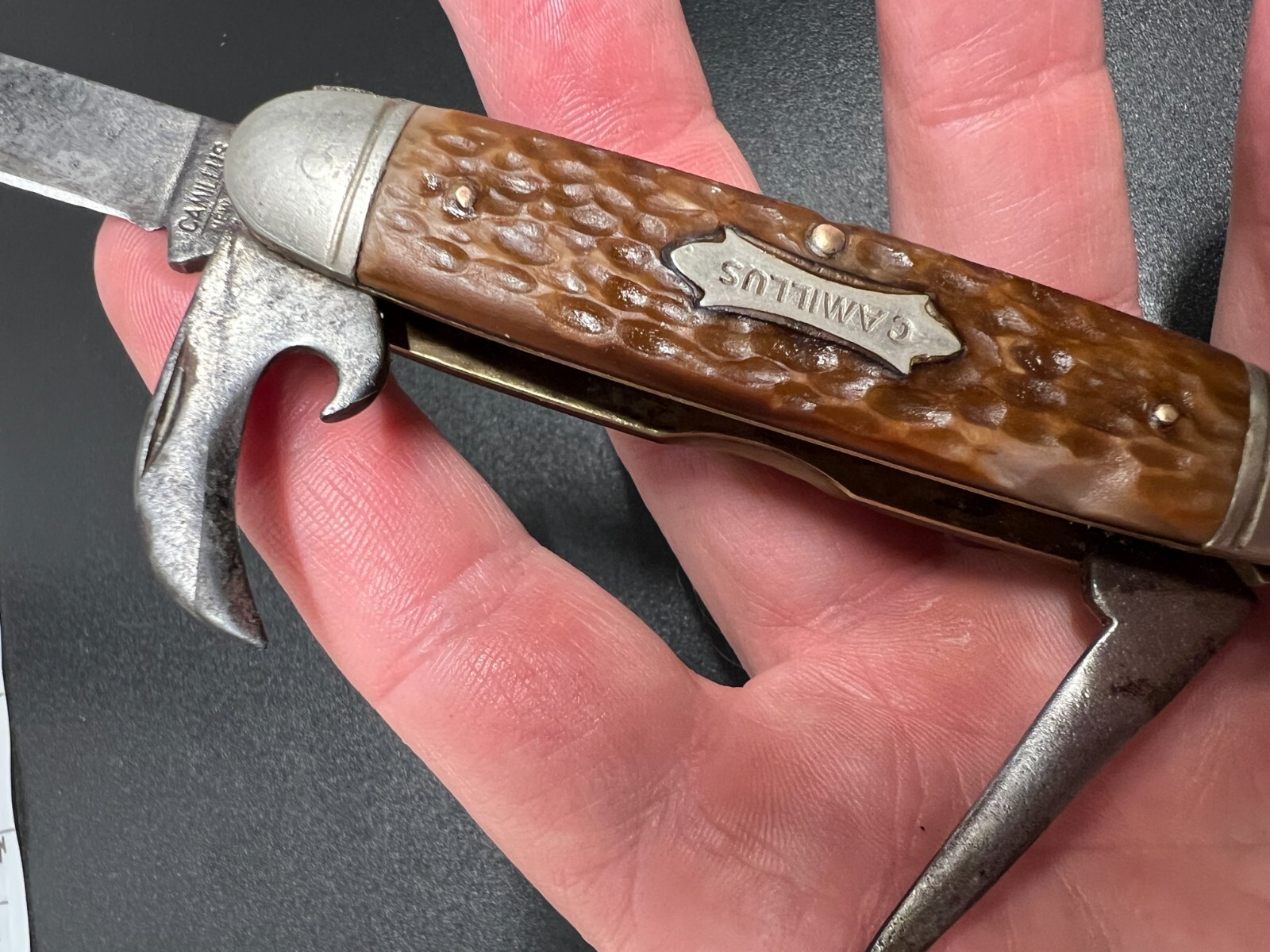 Vintage Camillus New York USA 4 Blade Pocket Knife Brown Jigged Handle