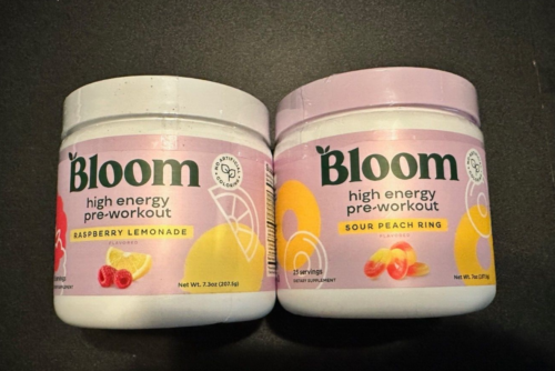 2 Bloom Nutrition High Energy Pre Workout Powder PEACH RING & RASPBERRY LEMONADE
