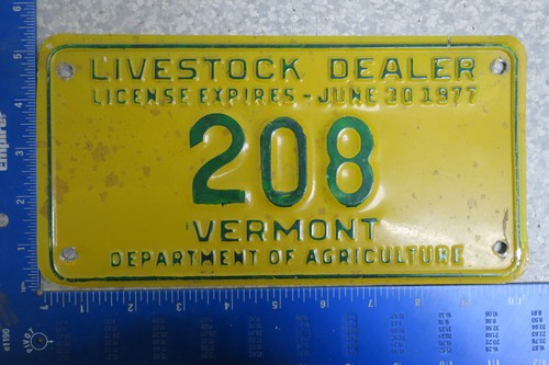 Vermont Livestock Dealer License Plate 1977 77 Agriculture Farm Animal Tag # 208