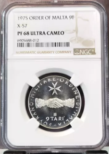 1975 ORDER OF MALTA SILVER 9 TARI X-57 NGC PF 68 ULTRA CAMEO RARE TOP POP 1