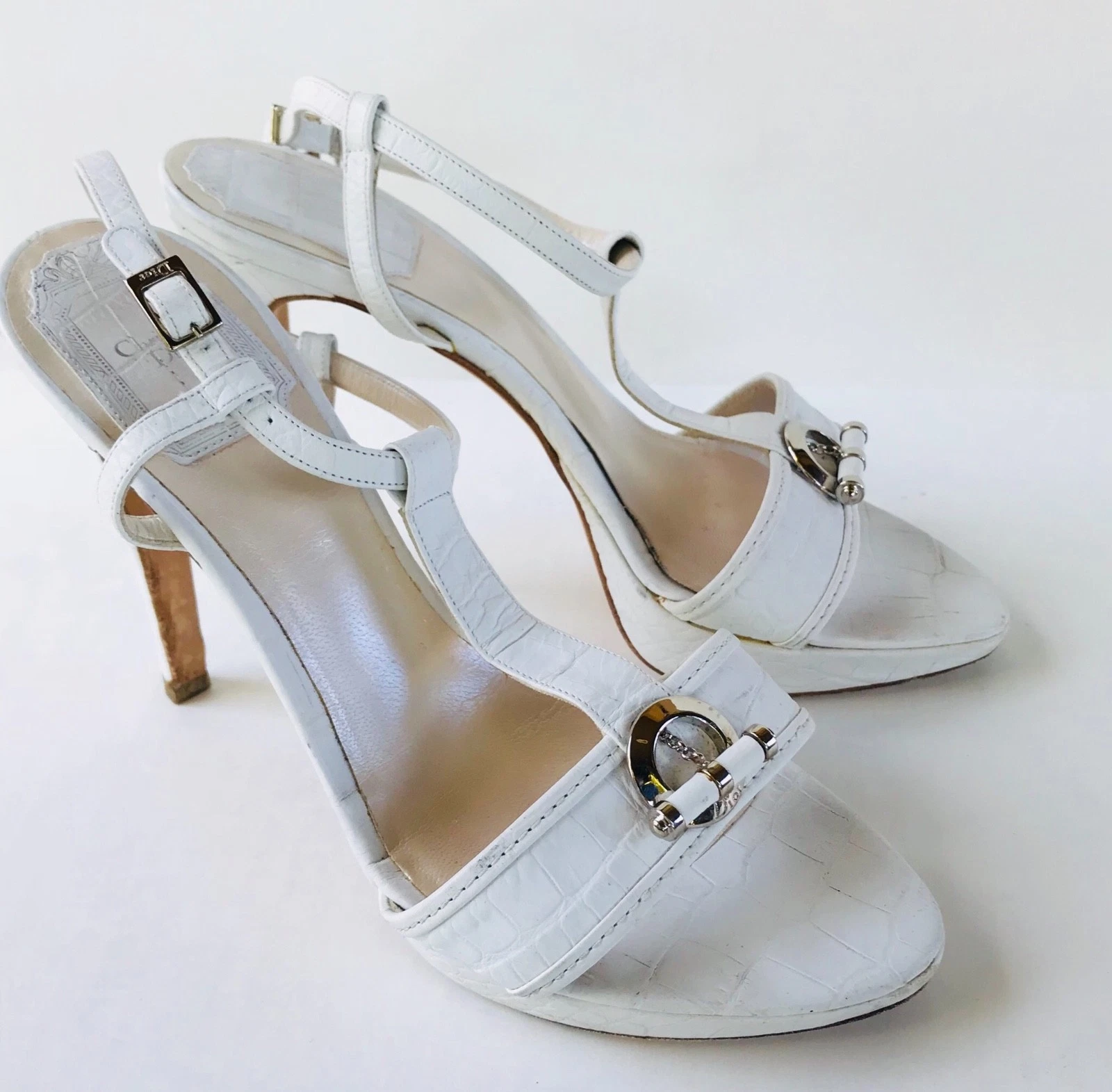 Authentique sandales DIOR blanc jazz estampillé croco à lanières talon taille 35 US 5 6