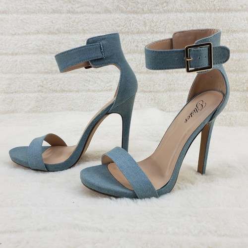 Sexy Correa de mezclilla azul claro para el tobillo 4,5" Zapatos de tacón alto Tacones Brillo - Imagen 5 de 10