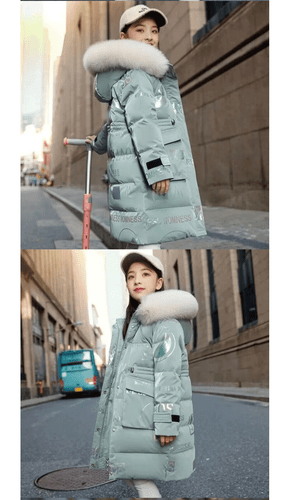 Winter Cotton Padded Coat Medium Long Down Thicken Warm Kids Fur Hooded Clothes - Picture 14 of 23