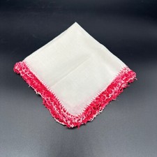 Vintage White Handkerchief Pink Red Crochet Lace Border Cotton White Hankie