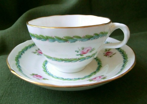 VICTORIAN WAISTED TEA CUP & SAUCER PINK ROSES LOOPED HANDLE HAND PAINTED MINTON  - Picture 1 of 12