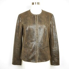 CHICOS Women's 4 - Brown faux leather embossed long sleeve blazer jacket beaded