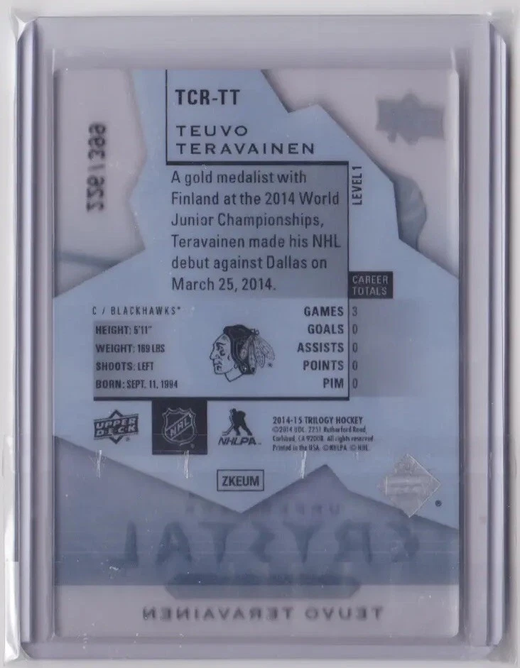 2014-15 UD TRILOGY CRYSTAL PREMIERES RC /399 TEUVO TERAVAINEN #TCR-TT BLACKHAWKS - Image 2 of 2