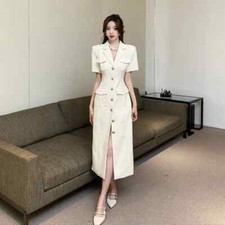 Suit Collar Midi Dresses Women Summer High Waist Short Sleeves Black Female 