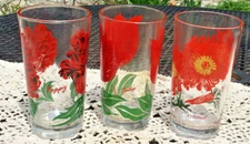3 Vtg 5" Boscul Peanut Butter Glasses RED Flowers PETUNIA POPPY TULIP 50's Water