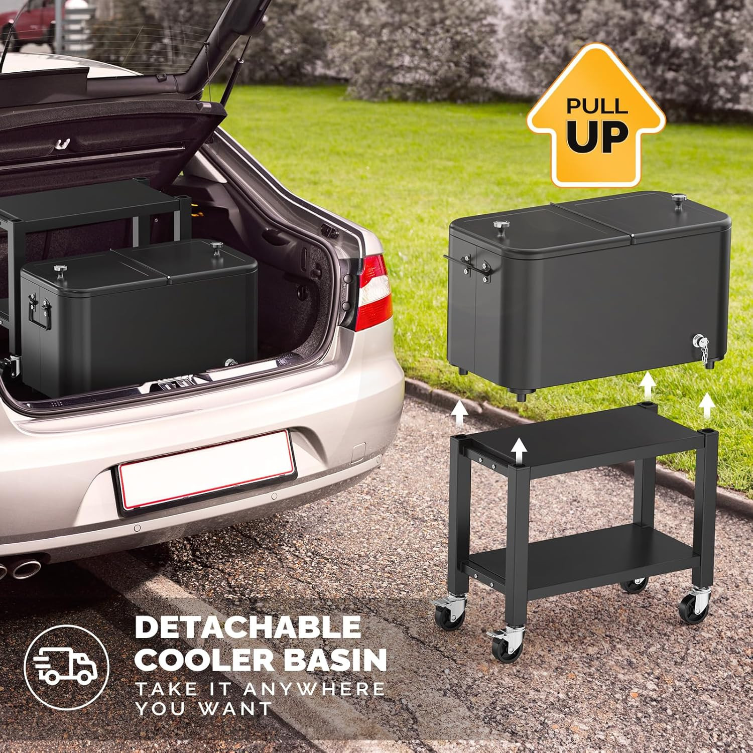 VINGLI Patio Cooler, Rolling Ice Chest on Wheels, Portable Patio Party Bar Drink