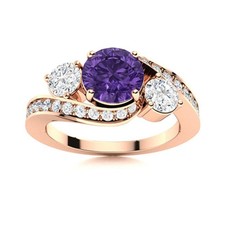 925 Sterling Silver Round Natural Amethyst Wife Three-Stone Ring Jewelry