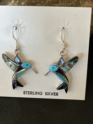 Blue Turquoise Pava Shell Sterling Silver Hummingbird Dangle Earrings 19814