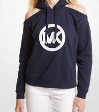 NWT Michael Kors Midnight Blue Logo Cotton Blend Cutout Hoodie Women s Size M