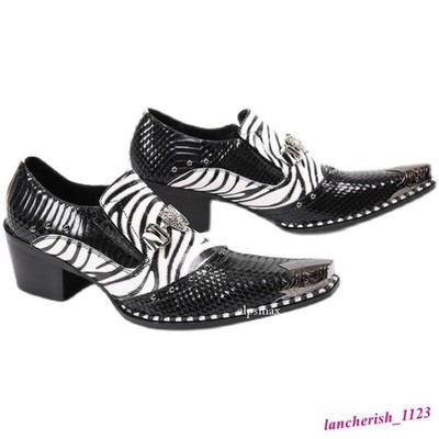 Mens Casual Pointy Toe Shoes Fashion Chunky Party Cosplay Stripe Snakeskin Retro