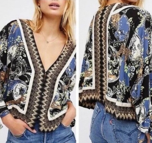 FREE PEOPLE Catch Me If You Can Cropped Leopard Chinoiserie Kimono Top Size L